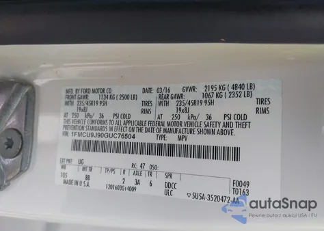 2016 Ford Escape Titanium from USA, damaged, VIN 1FMCU9J90GUC76504